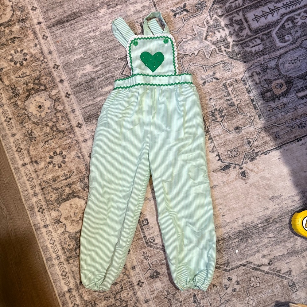 Vintage 60s handmade kids jumpsuit striped green overalls